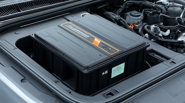 High voltage hybrid electric car battery installed under the hood. Concept for automotive engineering and sustainable.