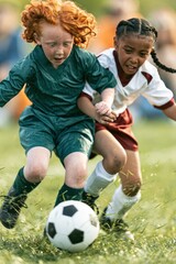 Fototapeta premium Two girls competing for soccer ball in youth match, one in green uniform, the other in white and burgundy