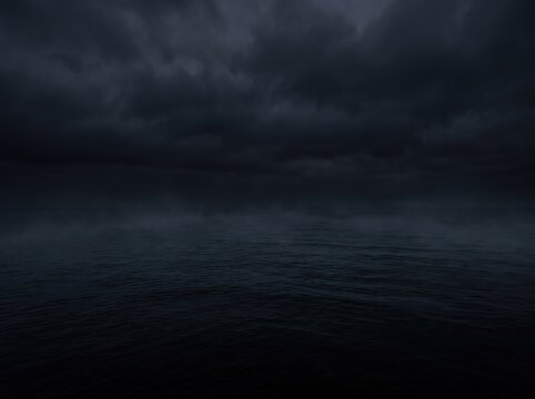 Ominous Ocean Under Stormy Skies: The dark, turbulent ocean stretches towards a horizon veiled by dramatic, stormy clouds, evoking a sense of foreboding and the raw power of nature.