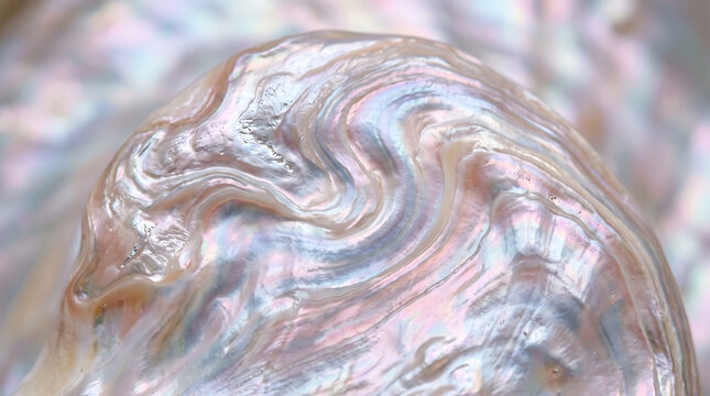 A close-up view of a shimmering iridescent pearl with swirling colors.
