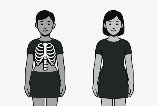 Human rib cage and skeletal anatomy shown through a t-shirt on a female character for medical or fashion design concepts.