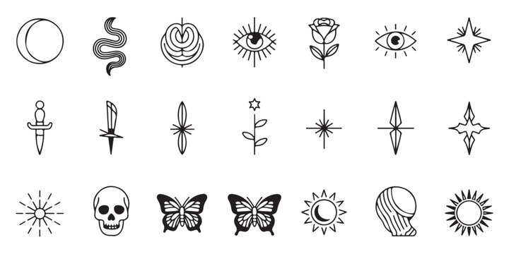 Collection of 20 minimalist black and white tattoo including celestial bodies, animals, and symbols