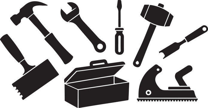 Various workshop implements including construction hammers wrenches screwdrivers mallets and toolbox for manual labor tasks.