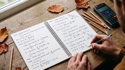 Obraz premium An open notebook with mathematical notes, pencils, and autumn leaves creates a seasonal study scene on a wooden desk. The composition represents learning, concentration, and academic preparation.