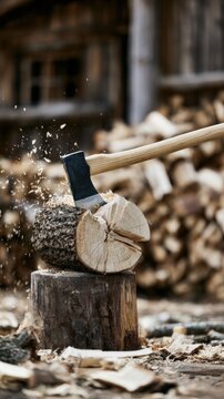 Heavy modern splitting maul striking a freshly split oak log on a rustic chopping block outdoors