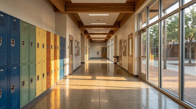 A modern school corridor is illuminated by warm sunlight before classes begin. The empty educational space represents new beginnings, preparation, and the anticipation of another school year.