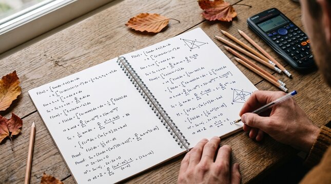 An open notebook with mathematical notes, pencils, and autumn leaves creates a seasonal study scene on a wooden desk. The composition represents learning, concentration, and academic preparation.