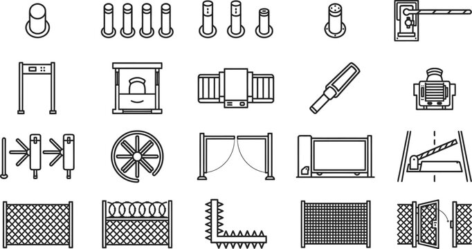 Stadium security perimeter elements floor plans flat graphics assortment including barrier poles checkpoint posts gated entrances fence section patterns vectors