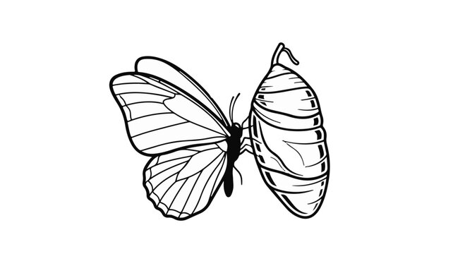 Butterfly emerges from a chrysalis in a detailed line art illustration showing the cycle of metamorphosis.