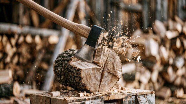 Heavy modern axe striking a freshly cut oak log on a wooden chopping block outdoors