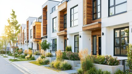 Fototapeta premium Contemporary townhouses with white facades and cedar accents in premium residential development