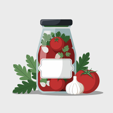 Pickled tomatoes with garlic in jar with blank label in flat vector isolated on white background