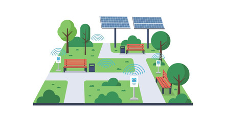Fototapeta premium Smart City Public Park Illustration with Solar Panels, Free Wi-Fi Hotspots, and Sustainable Urban Infrastructure