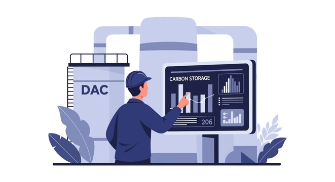 Industrial Worker Monitoring Direct Air Capture DAC and Carbon Storage Data Dashboard, Climate Change Mitigation and Sustainability Technology Illustration