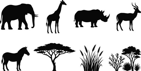 Set of African safari animal silhouettes and savanna landscape elements including elephant, giraffe, rhino, zebra, and acacia trees © MDMORSALIN