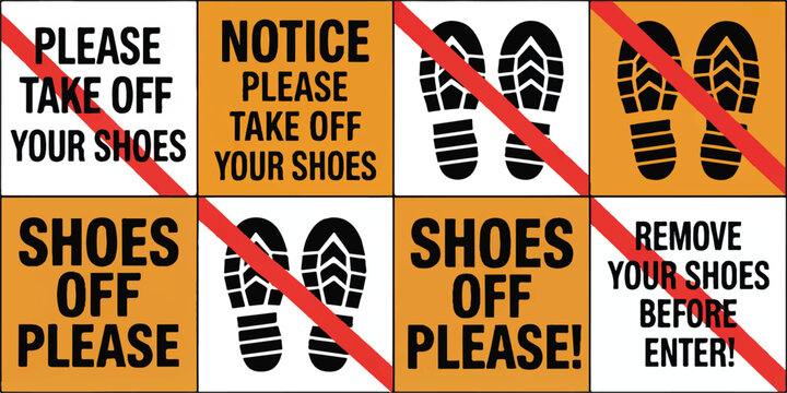 No shoes signs with footprints and text please take off your shoes remove shoes before enter warning prohibition signs for entry.