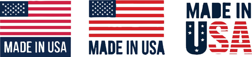 Fototapeta premium Made in usa stamp and flag set, various styles of american flag and made in usa labels.