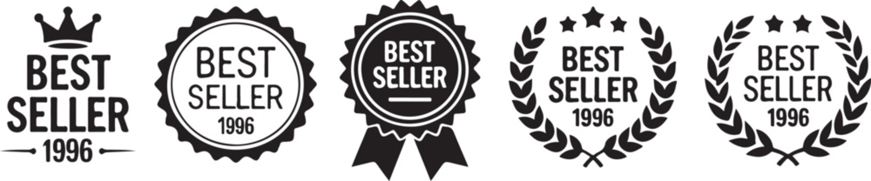 Best seller badge collection, various styles of best seller labels with year 1996, laurel wreaths.