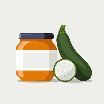 Zucchini spread jar with whole and sliced zucchini in flat vector on white background