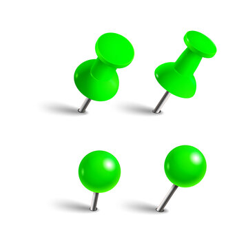 Four bright green push pins and map tacks with metal needles and dark shadows arranged in a grid pattern isolated on a transparent background