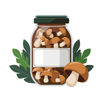 Pickled forest mushrooms in jar with blank label in vector design isolated on white background