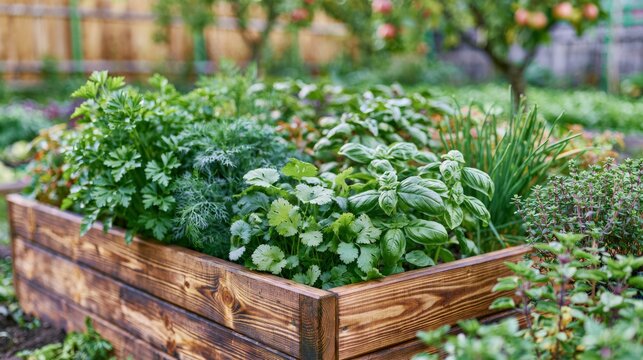 Large cedar raised garden bed filled with parsley, dill, cilantro, basil, chives, and thyme in backyard