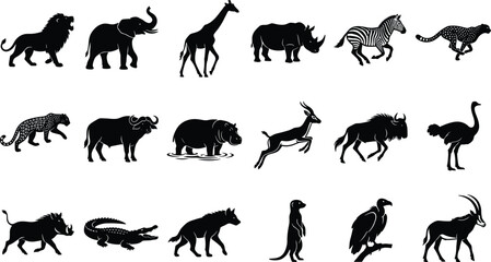 Set of African safari wild animal silhouettes including lion, elephant, giraffe, rhino, and cheetah in black vector © MDMORSALIN