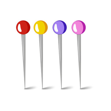 Four colorful sewing pins with round plastic heads and sharp metal needles arranged in a row isolated on a transparent background