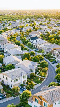 High-altitude drone view of eco-friendly suburban neighborhood with modern homes and tree-lined streets