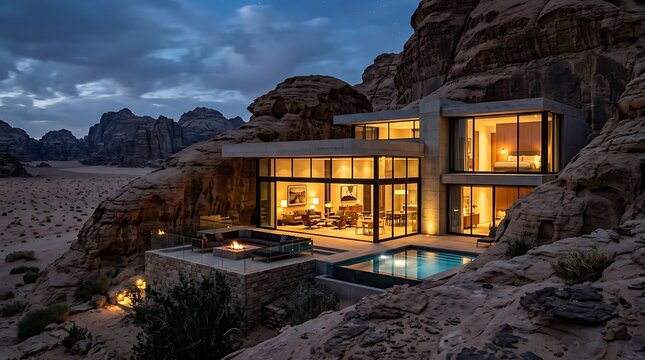 Golden hour lighting on rustic stone cabin with warm windows.