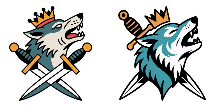 Two american traditional tattoo style wolves with crowns and crossed swords