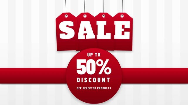 Retail sale banner with 50 percent discount offer. Promotional sign for clearance event with bold red and white design.