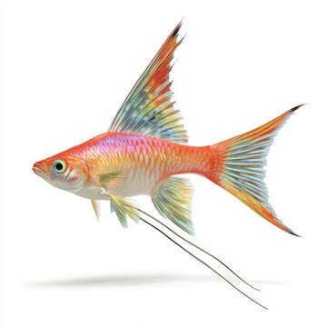 Beautiful Orange Lyretail Molly Fish Isolated On White Background With Vibrant Fins And Scales