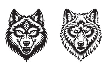 Two black and white of wolf heads, one snarling with bared teeth and a diamond symbol on its forehead, the other with a detailed mane © MdMezbahul