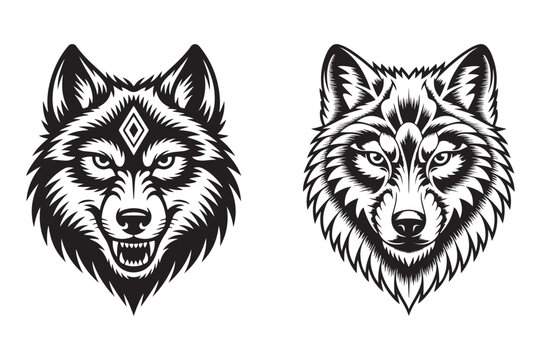 Two black and white of wolf heads, one snarling with bared teeth and a diamond symbol on its forehead, the other with a detailed mane