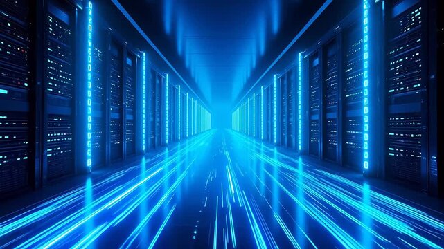 Futuristic virtual data tunnel with blue lights