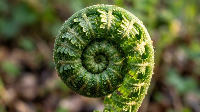 Close-up macro shot of a vibrant green fern fiddlehead unfurling in a natural forest environment showcasing spiral plant growth patterns