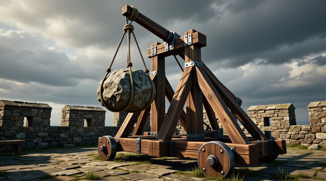Ancient wooden trebuchet sits on stone castle wall battlement ready for attack. Heavy boulder hangs on thick rope lines within siege engine frame under dark cloudy sky. Historical war machine waits