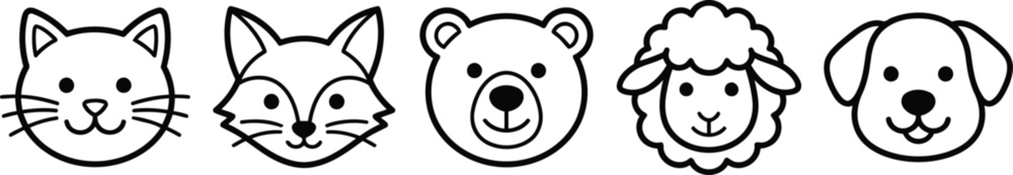 Set of cute animal face line icons