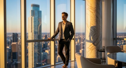 Fototapeta premium Man in luxury penthouse with stunning city skyline view during sunset. Elegant interior showcases modern design elements, while man reflects on success and lifestyle in high-rise luxury.