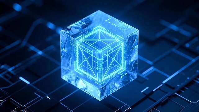 Glowing blue holographic cube in digital space