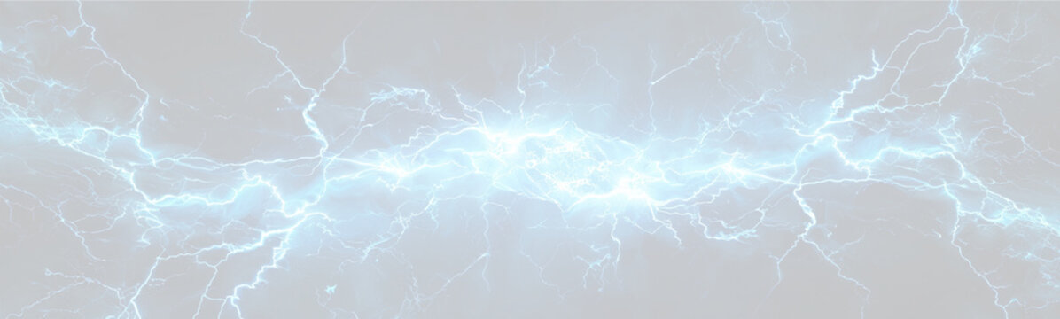 Electric blue lightning bolt striking across a light gray background, creating a dynamic and energetic visual effect with intricate details of electrical discharge