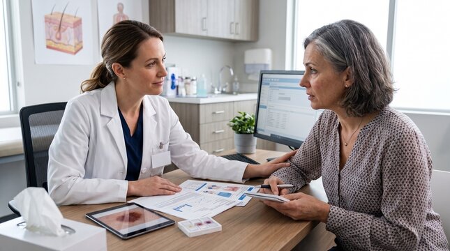 Doctor discusses skin biopsy results with a patient during a dermatology consultation in a modern clinic. Clear communication supports informed decisions about melanoma diagnosis and treatment.