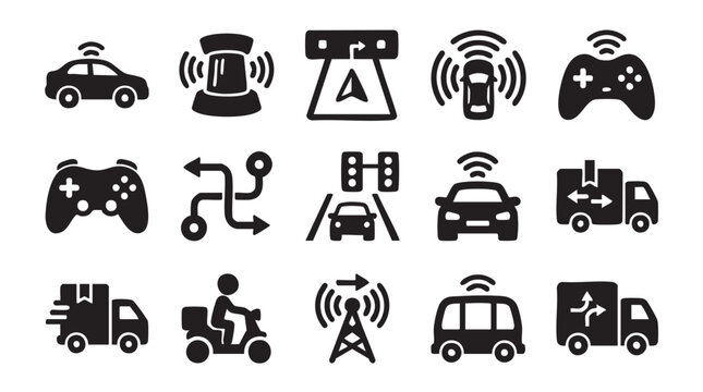 Vehicle, transportation, wireless connection icons, 16 symbols, black on white