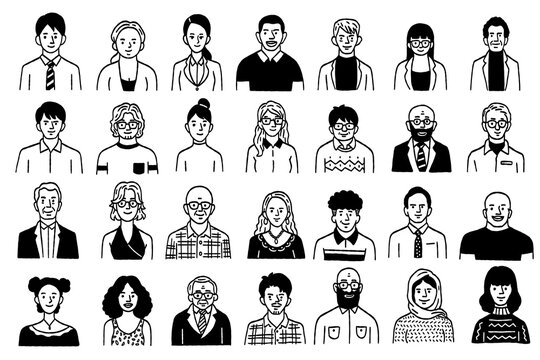 Vector illustration portrait of various people, multiethnic, diverse, different culture and nation. Outline, thin line art, hand drawn sketch design, black and white ink style. Big set collection
