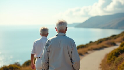 Fototapeta premium elderly couple strolling cliffside
