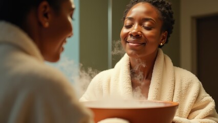 Fototapeta premium black woman enjoying herbal facial steam