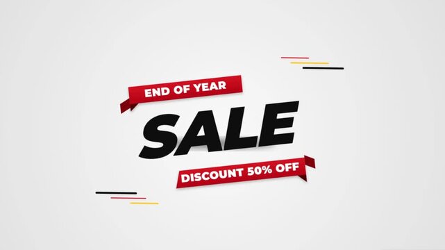 End of year sale banner with 50 percent discount. Bold red and white promotional sign for retail clearance event.