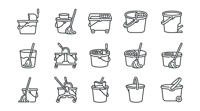 Collection of cleaning mop and bucket icon set outline style