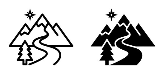 Mountain Landscape Icons: Winding River, Pine Tree, Starry Sky, Outline and Silhouette Vector Graphics for Adventure and Nature Themes © Mehedi